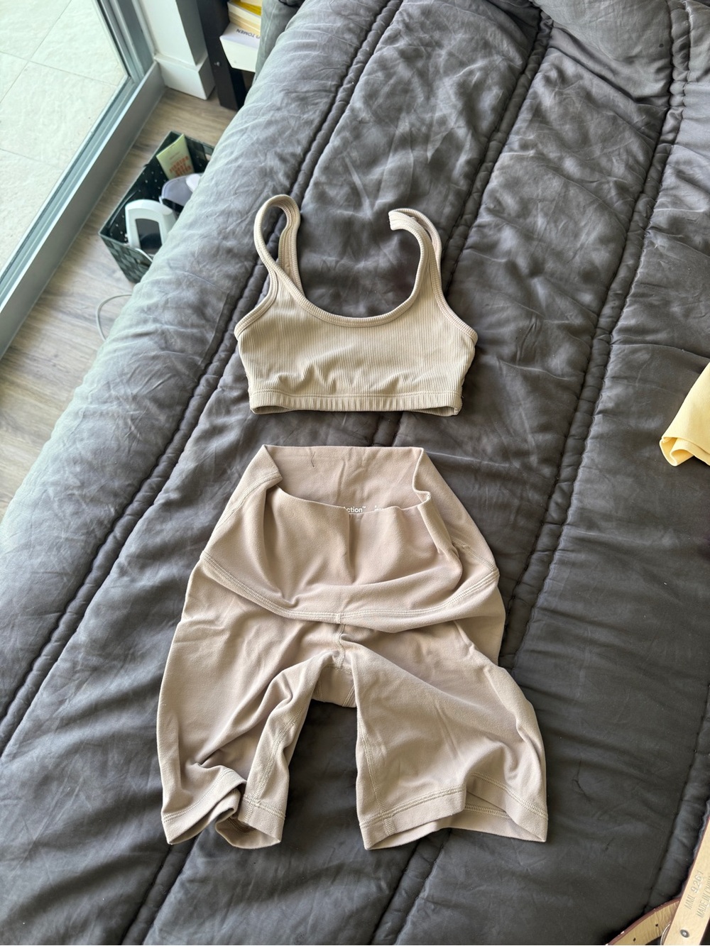 TNA Beige Ribbed Scoop Neck Sports Bra & High-Waist Biker Shorts Set